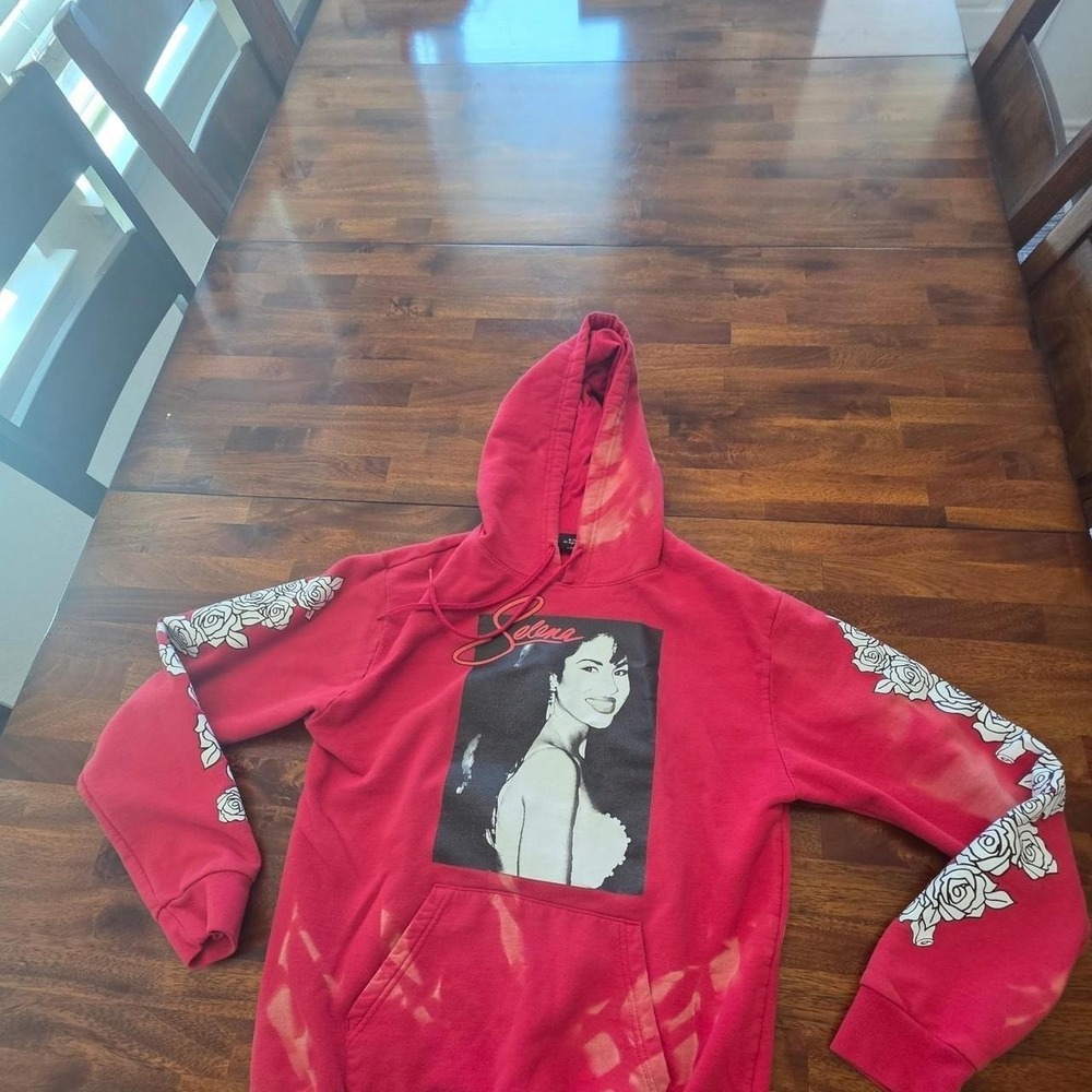 Selena hoodie red with bleach wash and white rose design on sleeves size S sku66